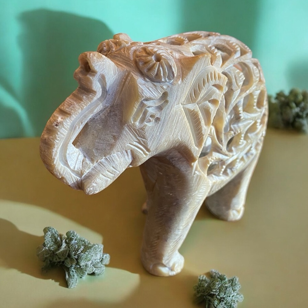 Vintage Hand Carved Indian Soapstone Jali Elephant Sculpture with Baby Inside